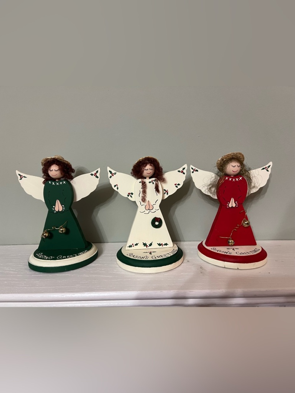 Handmade Vintage Wooden Folk Art 3 Angel Figures Seasons Greetings Christmas